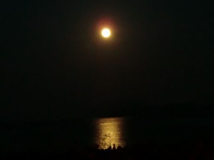海面上に浮かぶ月と海面に反射する月光。